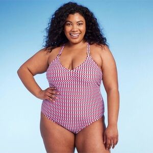 Kona Sol Pink and White Zigzag Halter One-Piece Swimsuit